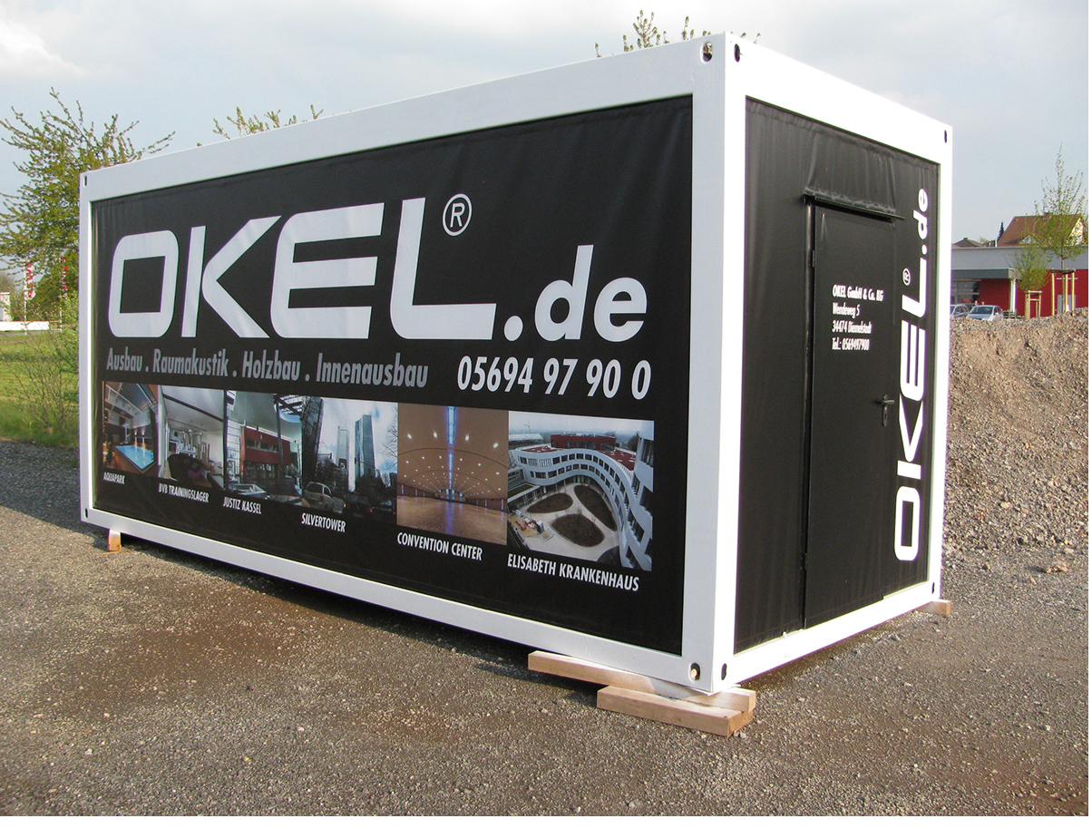 Vollflächig bedruckter Bürocontainer